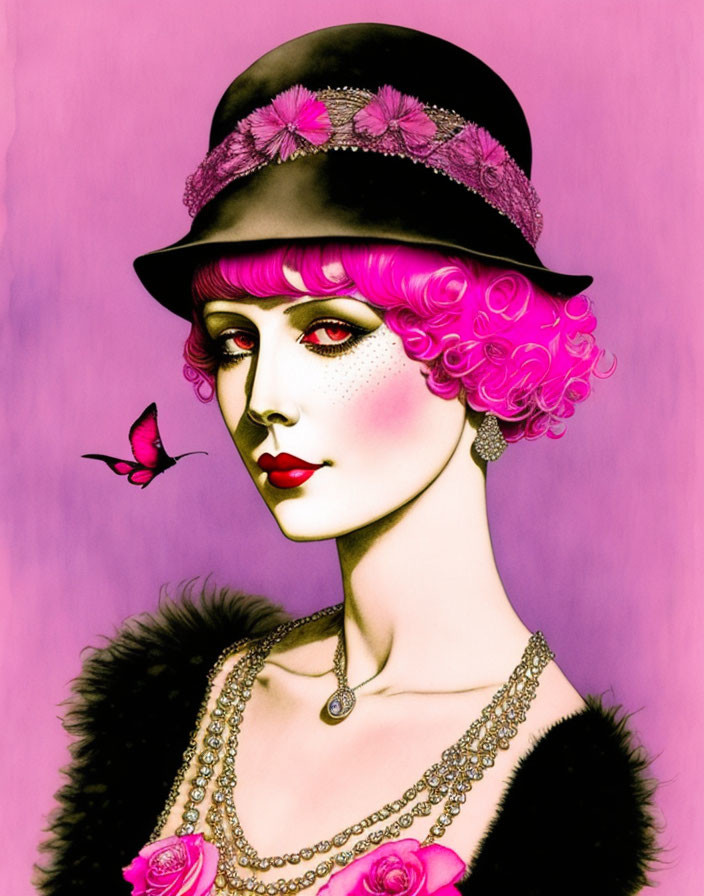 Stylized illustration of person with pink curly hair in black hat and feathery outfit