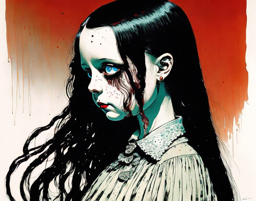 Dark-haired girl with pale face and red streaks illustration.