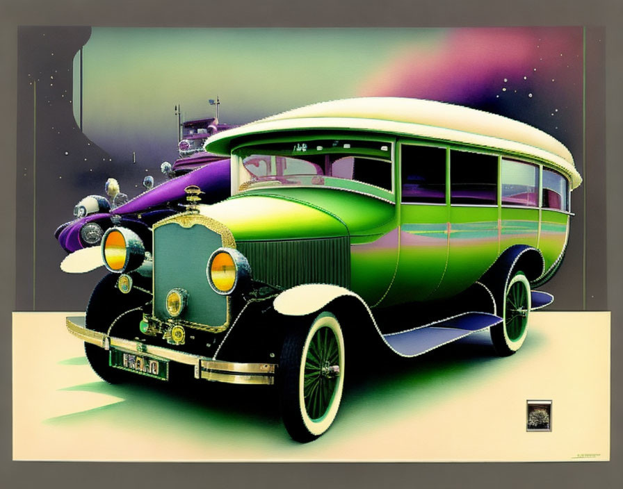 Vintage car with multicolored paint on beige background surrounded by retro vehicles