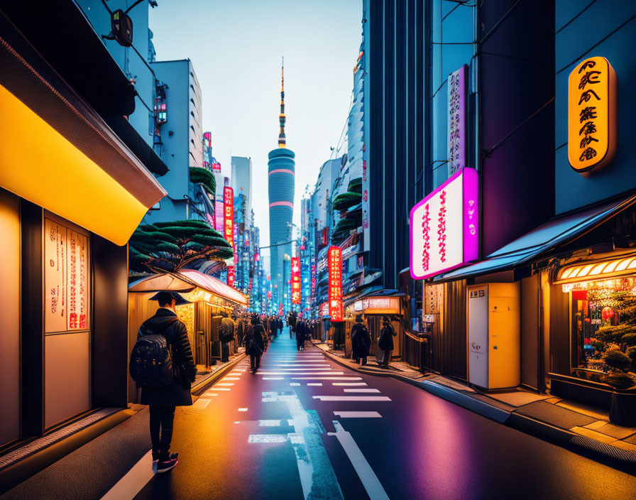 Busy city street at dusk with neon signs, pedestrians, and prominent tower.