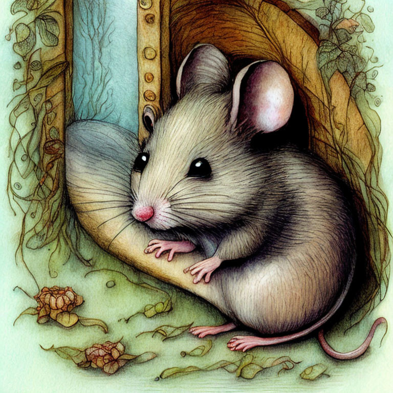 Adorable mouse illustration peeking from wooden wall with vines and pine cones