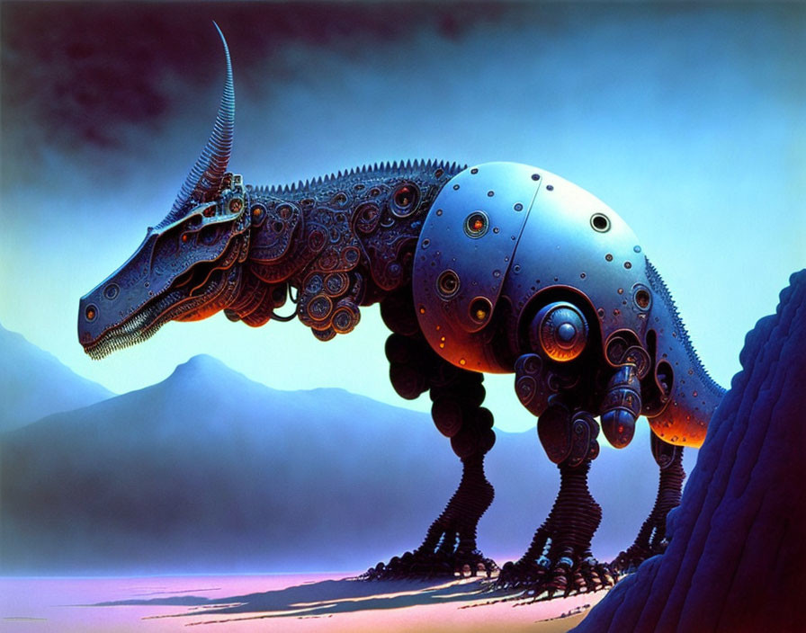 Futuristic robotic Triceratops-like creature with intricate gears in misty mountain scenery