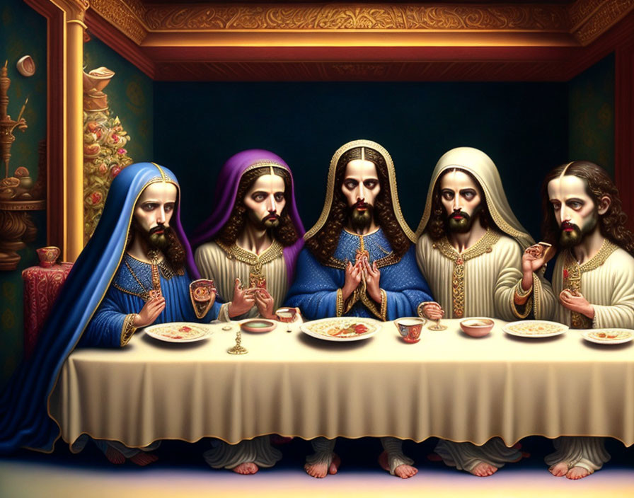 Artistic depiction of Last Supper with identical faces, seated figures, table with food, ornate