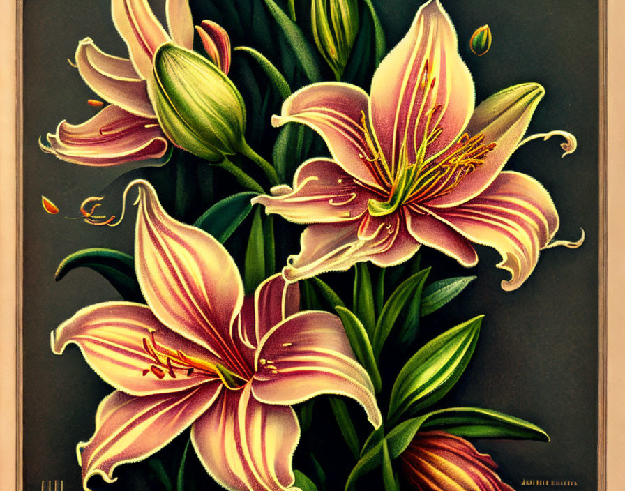 Detailed vintage pink lilies bouquet on dark background