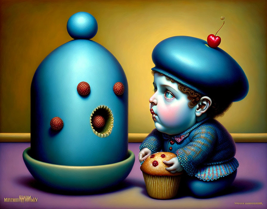 Child with blue cap holding cupcake and round blue object with cherry on purple surface.