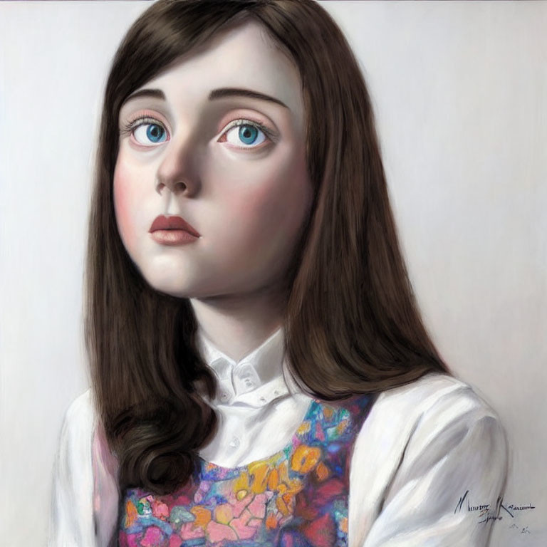 Portrait of a girl in white shirt and floral vest with signature