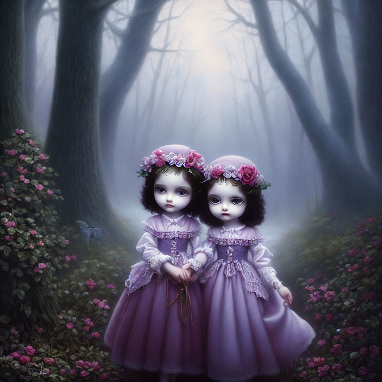 Two dolls in purple dresses with floral crowns in misty forest landscape at twilight