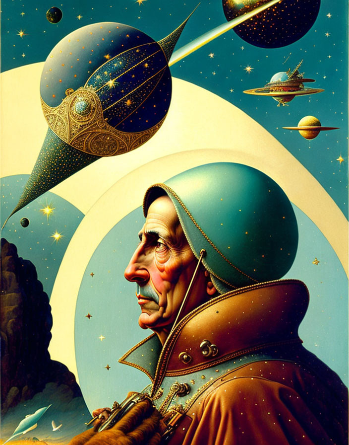 Illustration of person in space outfit with celestial bodies and spaceships.