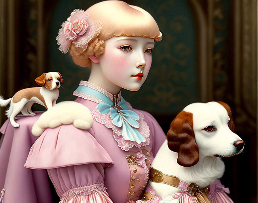 Victorian-themed woman illustration with porcelain skin and floral attire featuring two small dogs