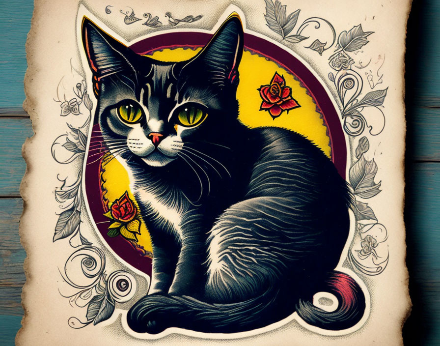 Black Cat with Yellow Eyes and Crescent Moon Illustration on Wooden Background