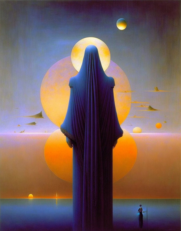 Surreal painting of cloaked figure in ethereal landscape