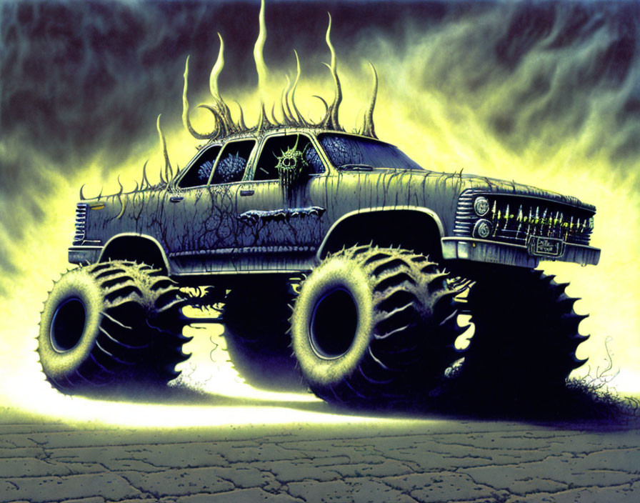 Illustrated monster truck with large wheels, skeletal motifs, and flames under dark sky