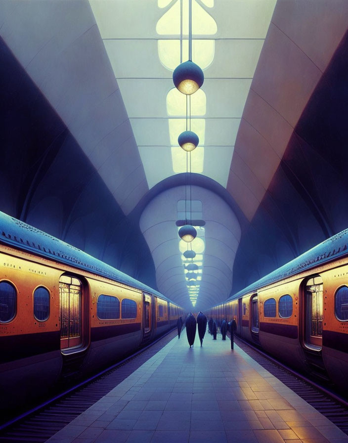 Futuristic subway station with orange trains and spherical lights.