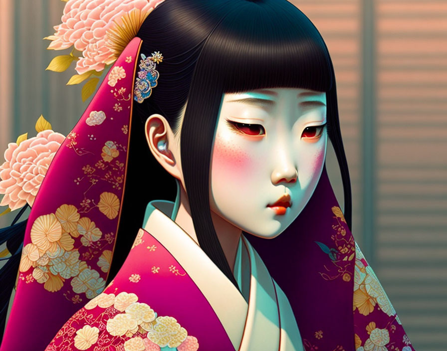 Detailed Digital Illustration of Girl in Traditional Japanese Attire