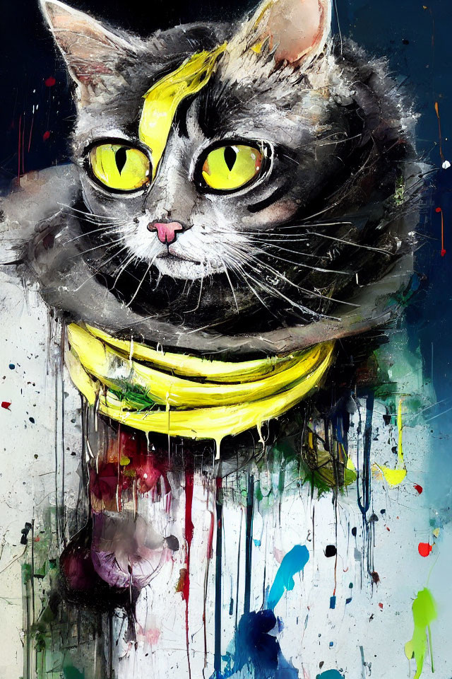 Colorful Close-Up Artwork: Cat with Yellow Eyes and Scarf on Paint-Splattered Background