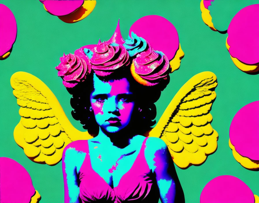 Colorful Pop Art Style Child Angel with Cupcakes on Green Background