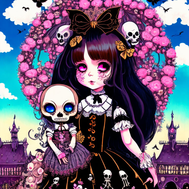 Gothic girl and skull-faced companion in floral wreath with castles