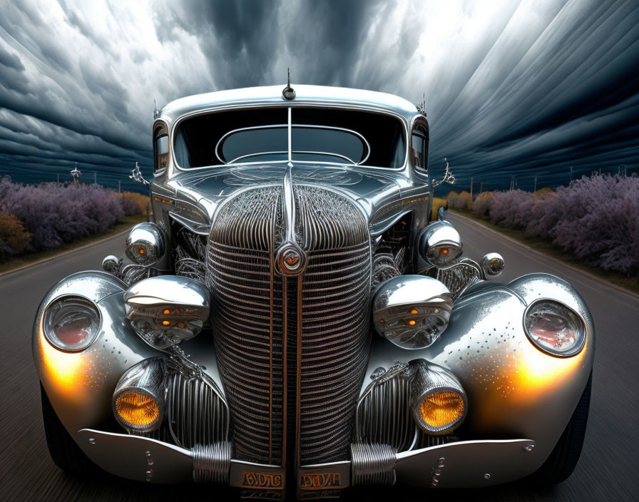 Classic Vintage Car Driving on Open Road with Dramatic Cloudy Sky