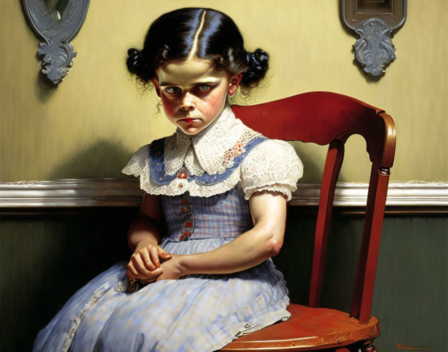 Portrait of Young Girl in Blue Dress on Red Chair