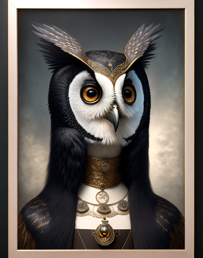 Anthropomorphic owl with large eyes in golden attire on cloudy backdrop