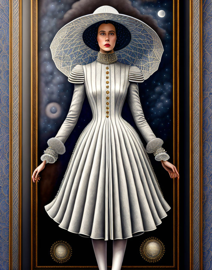 Stylized woman in pleated dress against cosmic backdrop with ornate borders