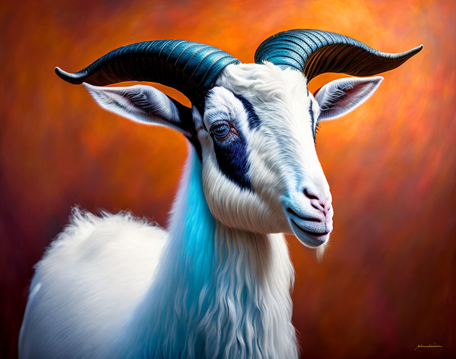 Majestic goat with twisted horns on abstract orange backdrop