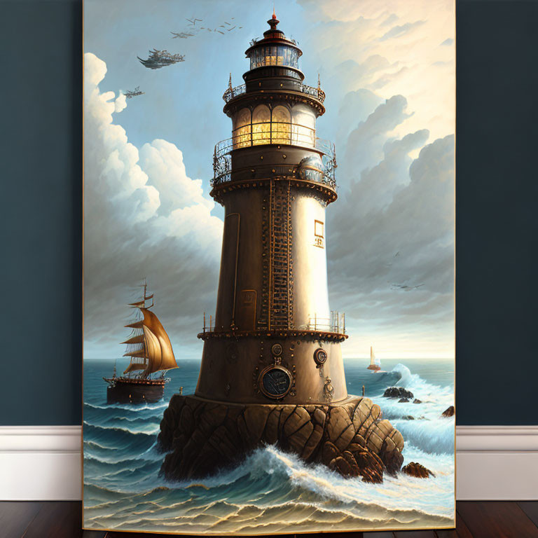 Ornate lighthouse on rugged rocks with sailing ship and airships in cloudy sky