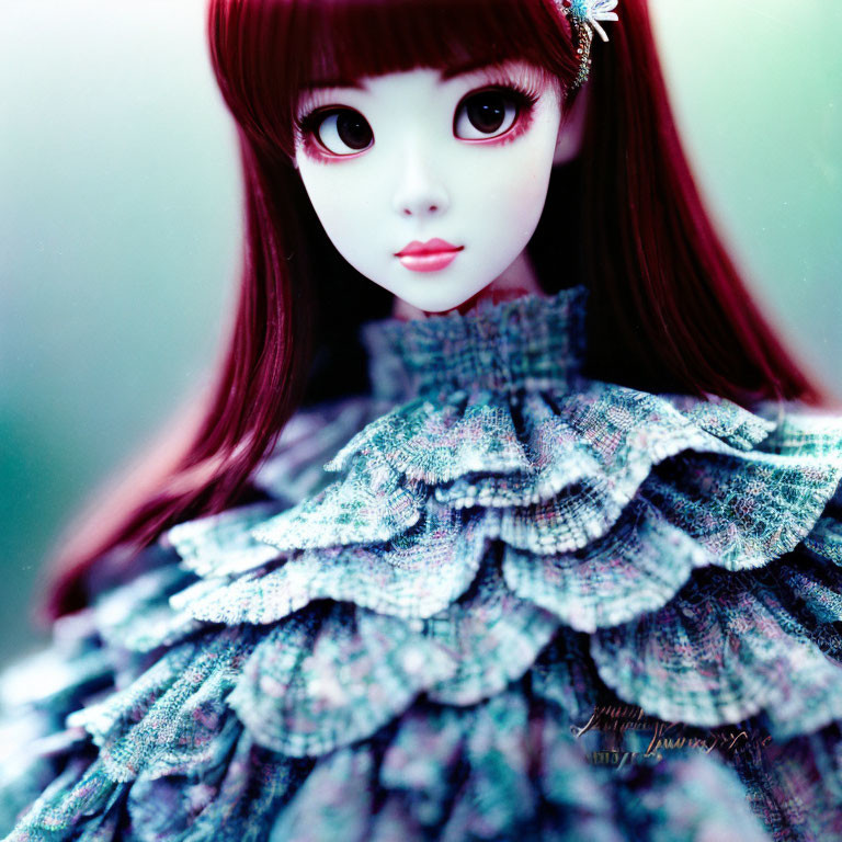 Detailed image: Red-haired doll with large eyes in ruffled tartan dress on blurred green backdrop