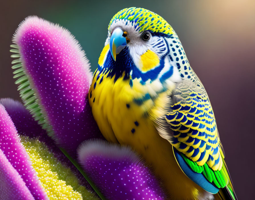 Colorful Budgerigar Perched on Purple and Yellow Flowers