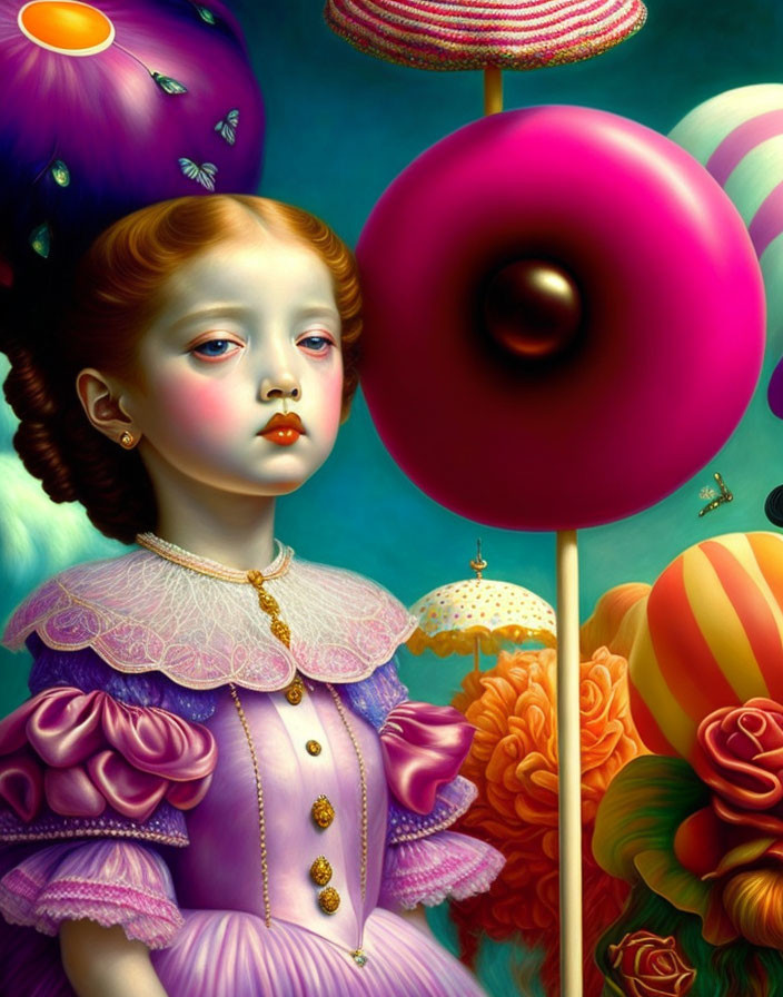 Surreal portrait of girl in Victorian attire with oversized candies and flowers