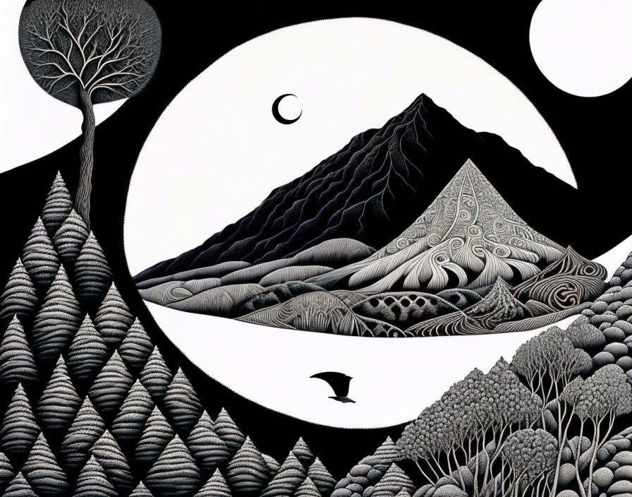 Monochromatic surreal landscape with stylized trees, mountains, crescent moon, and bird in circular