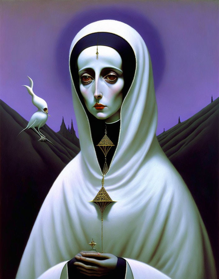 Surreal portrait of nun with pale skin and bird with human face in purple landscape