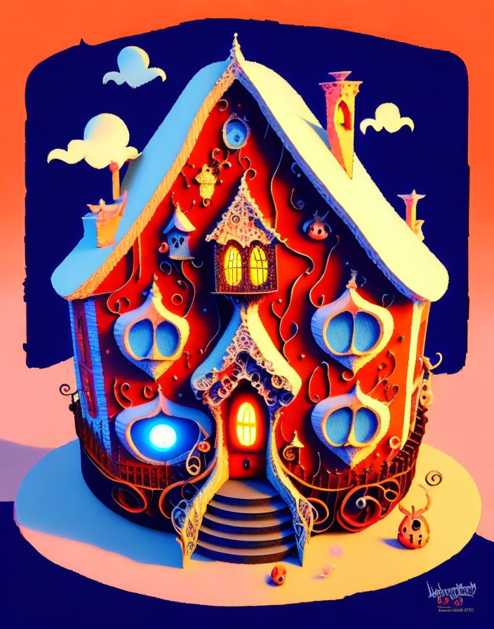 Colorful Gingerbread House with Intricate Icing Details on Two-Tone Background