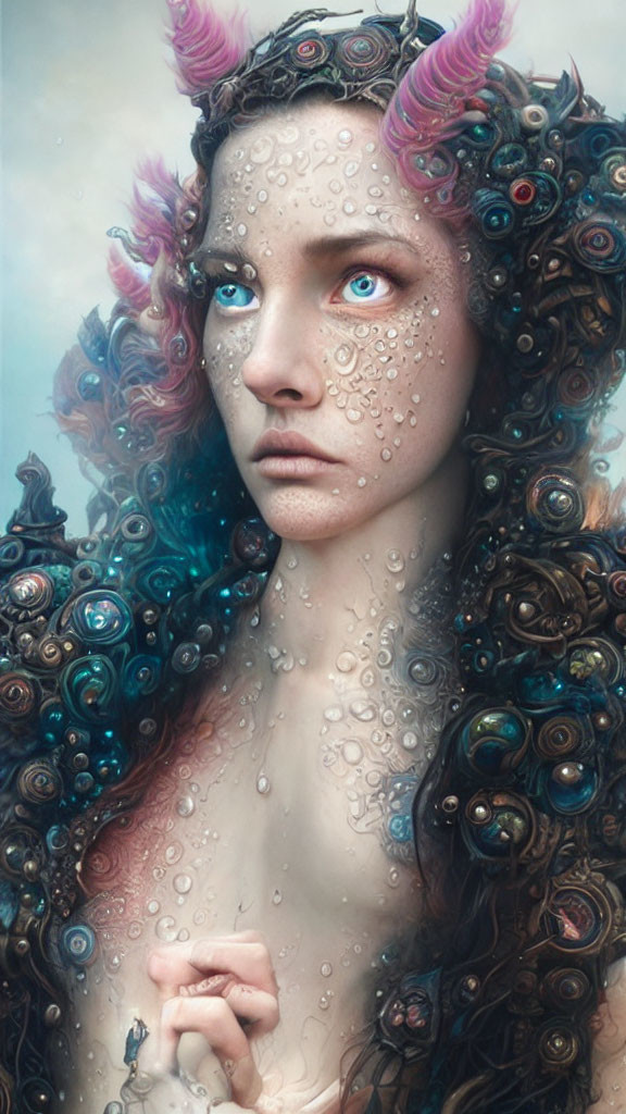 Fantastical female figure with blue eyes, horns, and shell mantle gazes intensely