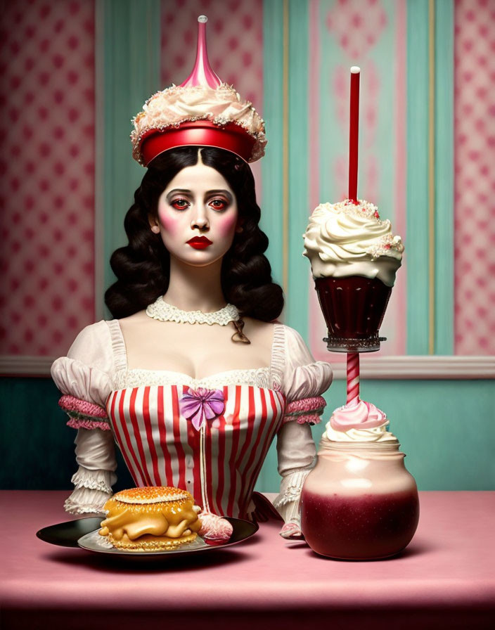 Stylized portrait of woman in striped dress with cake hat among dessert items