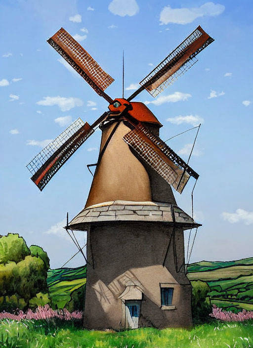 Traditional Windmill in Green Landscape with Pink Flowers under Blue Sky