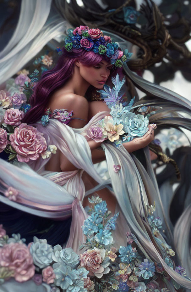 Purple-haired woman with floral crown and bouquet, surrounded by intricate florals and fantastical creature