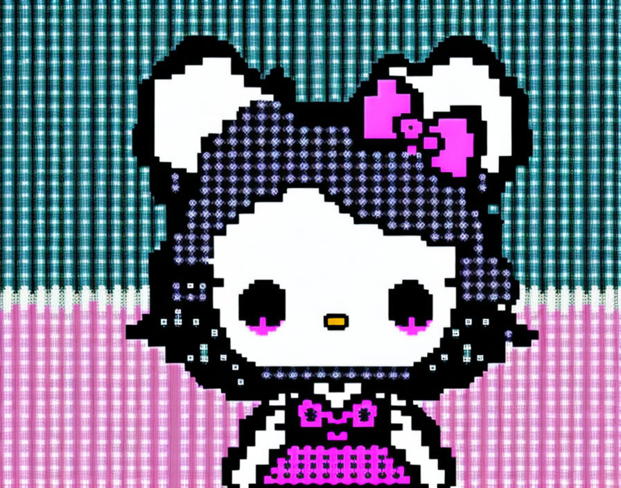 Cute cat-girl pixel art with bow on checkered background