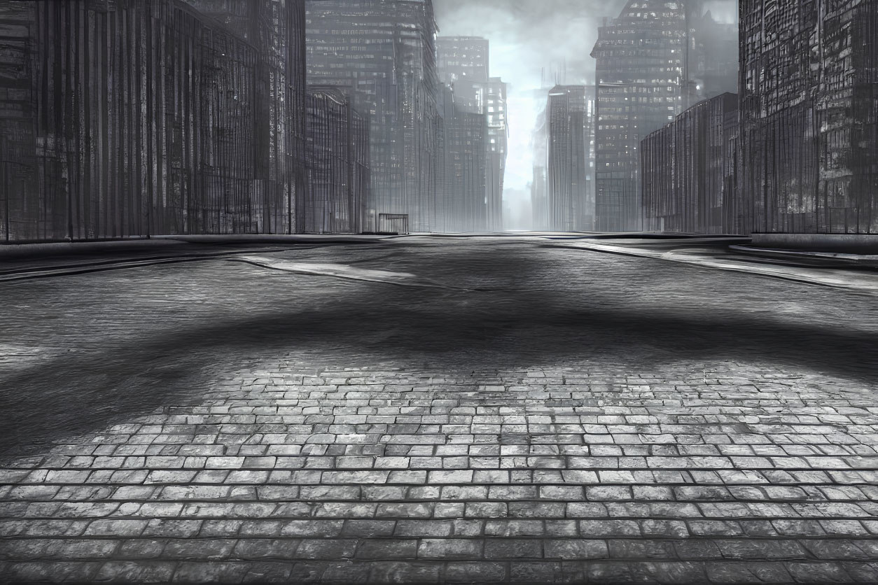 Desolate urban landscape with empty streets and skyscrapers under gloomy sky