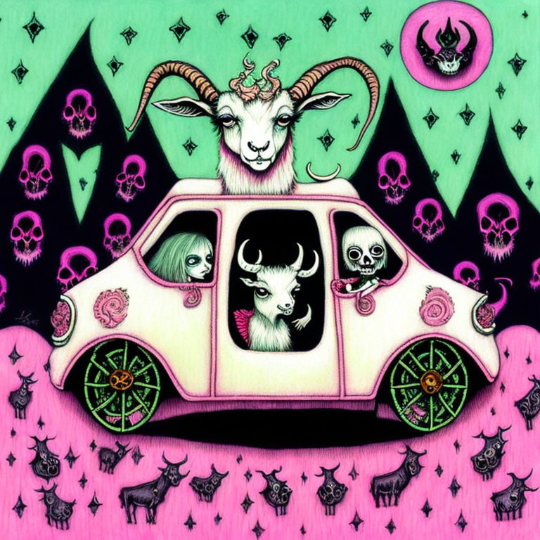 Whimsical illustration of goat-headed creatures in car with skulls, pentagrams, and bats on pink