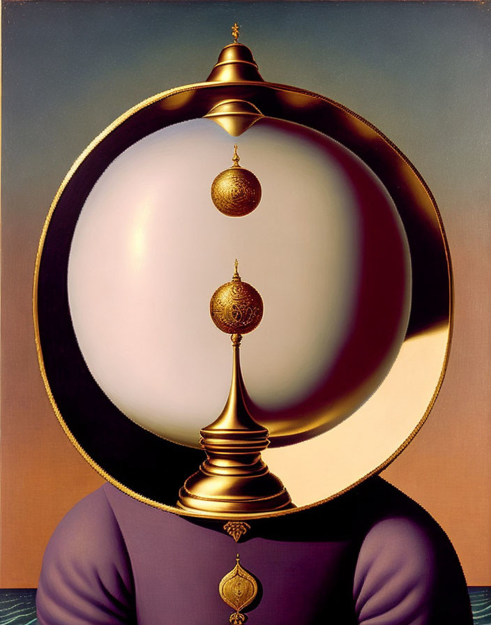 Surrealist painting: Robed figure with orb face, spheres, and crown-like structure