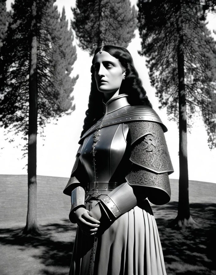 Medieval armor-clad woman in forest with tall trees and shadows