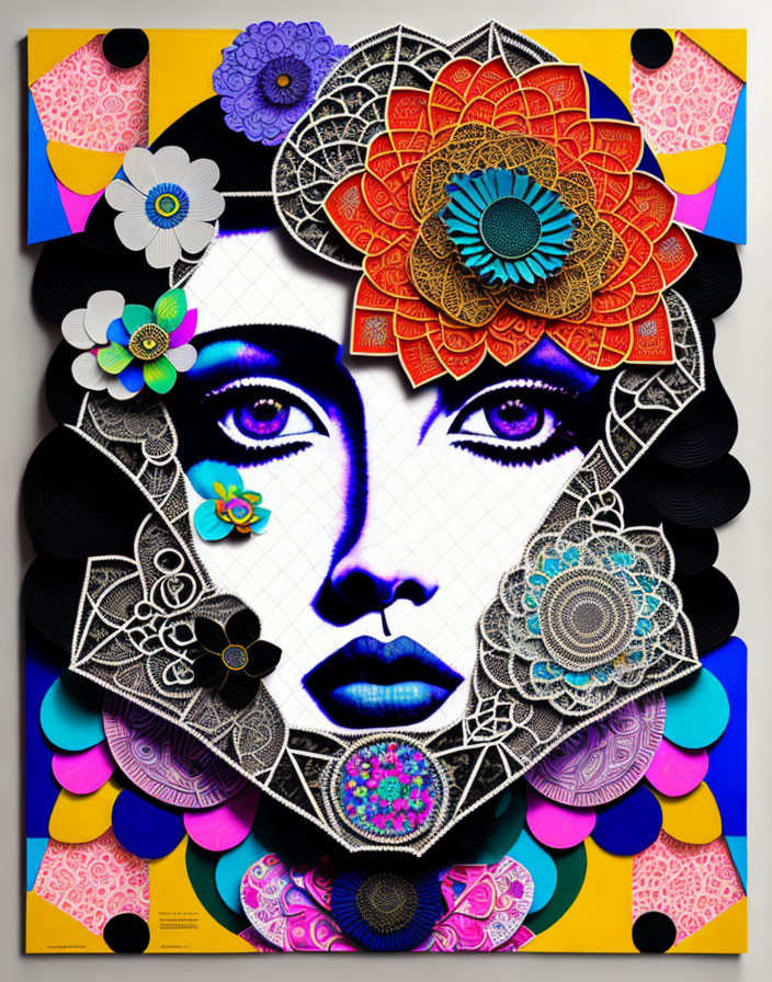 Colorful geometric patterns and floral designs on a woman's face in digital art