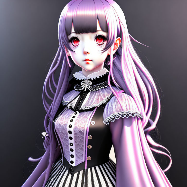 Stylized digital artwork of girl with red eyes and lilac hair