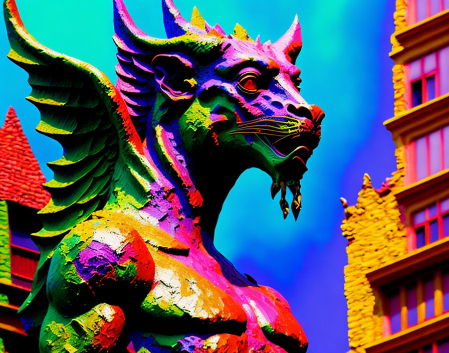 Colorful mythical creature statue with dragon-like features in vibrant sky.