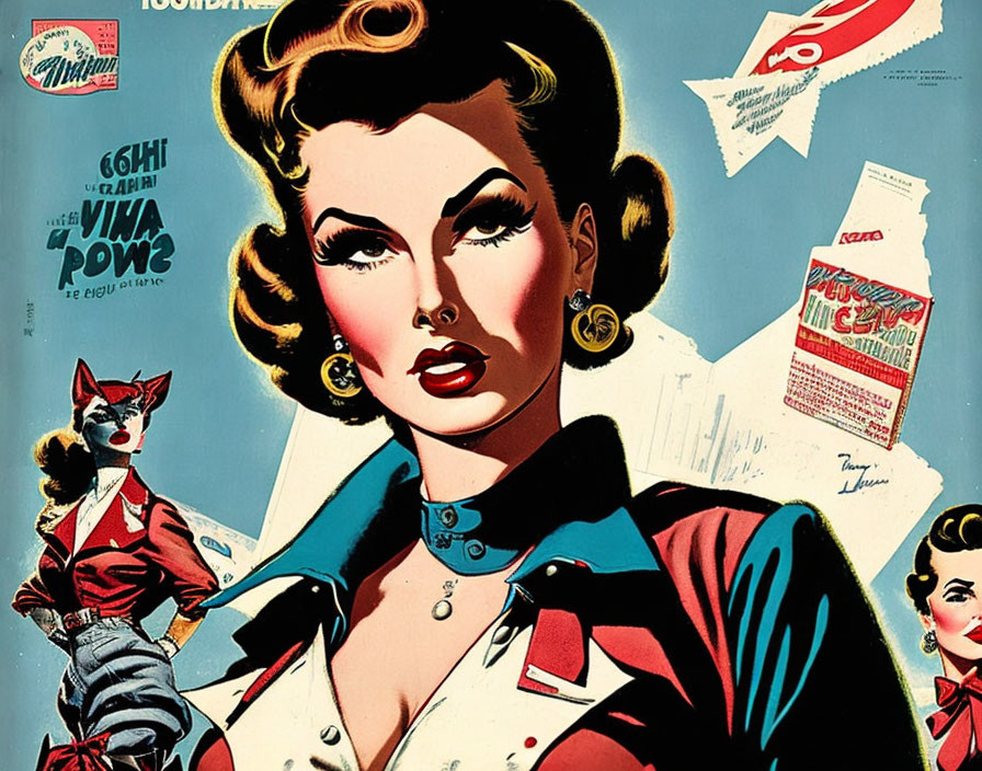 Stylized vintage comic book cover: Woman in red superhero outfit