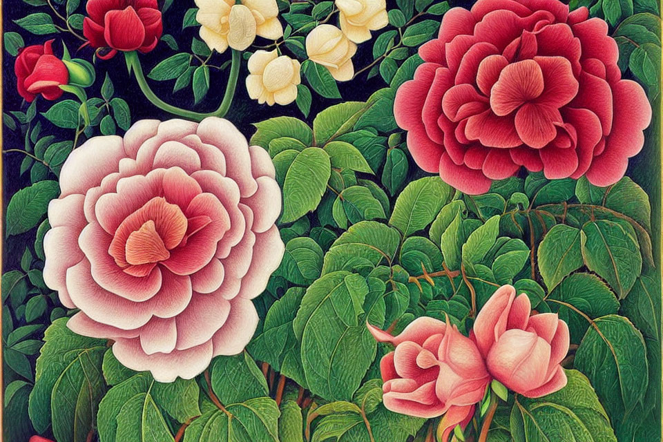 Detailed Illustration of Red and Pink Roses with Green Foliage