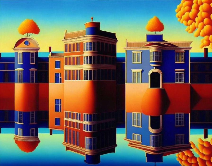 Surrealist-style painting of vibrant blue and orange buildings and orange tree formations reflected on water