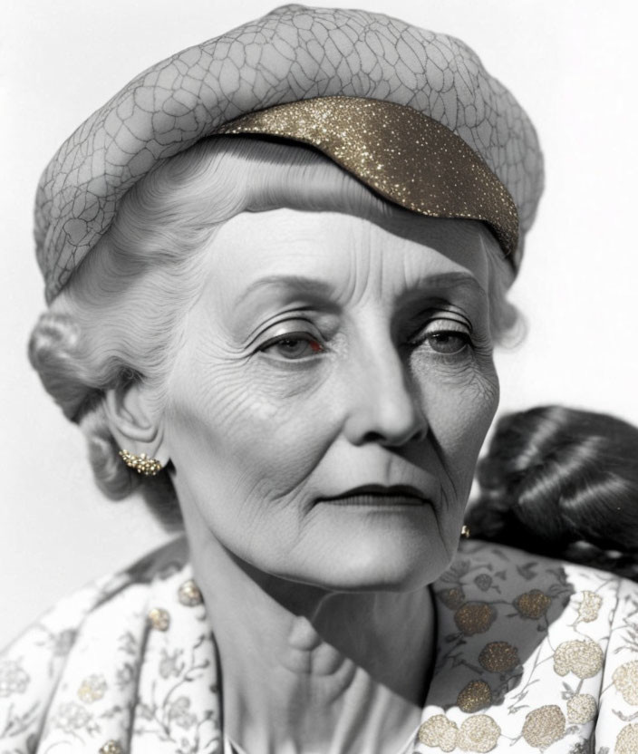 Monochrome image of elegant older woman in glittery hat and patterned attire