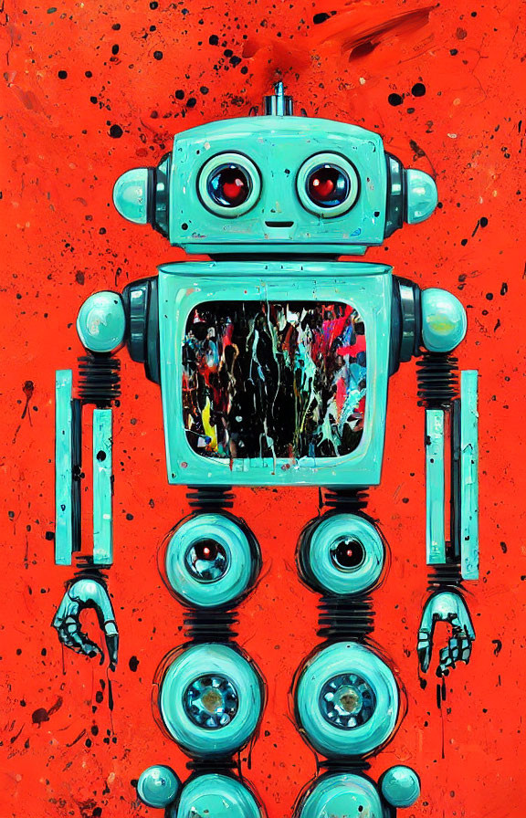 Colorful Turquoise Robot Illustration on Red Background